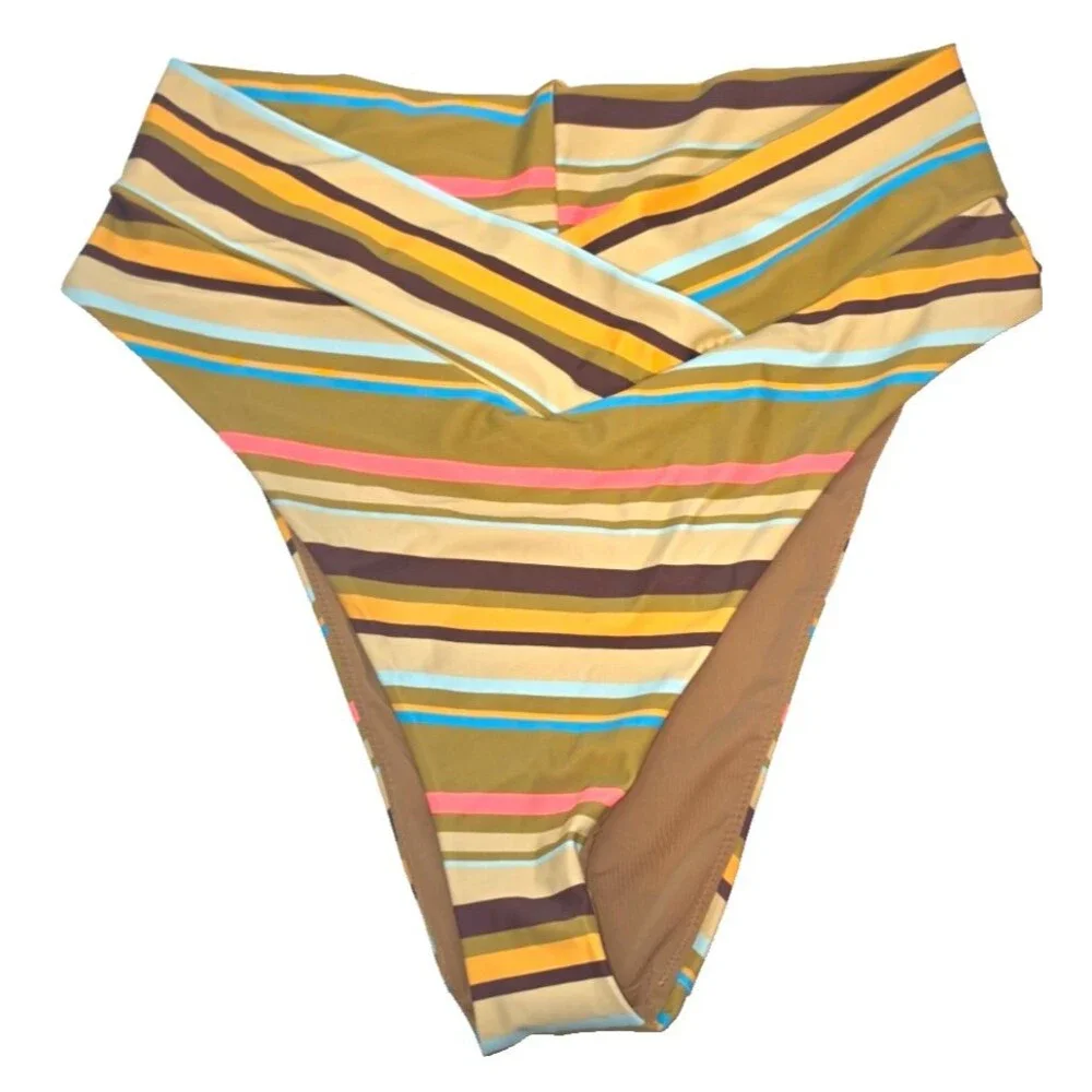 Aerie Brown Orange Striped High Cut Cheeky Swim Bathing Suit Bottom L NEW